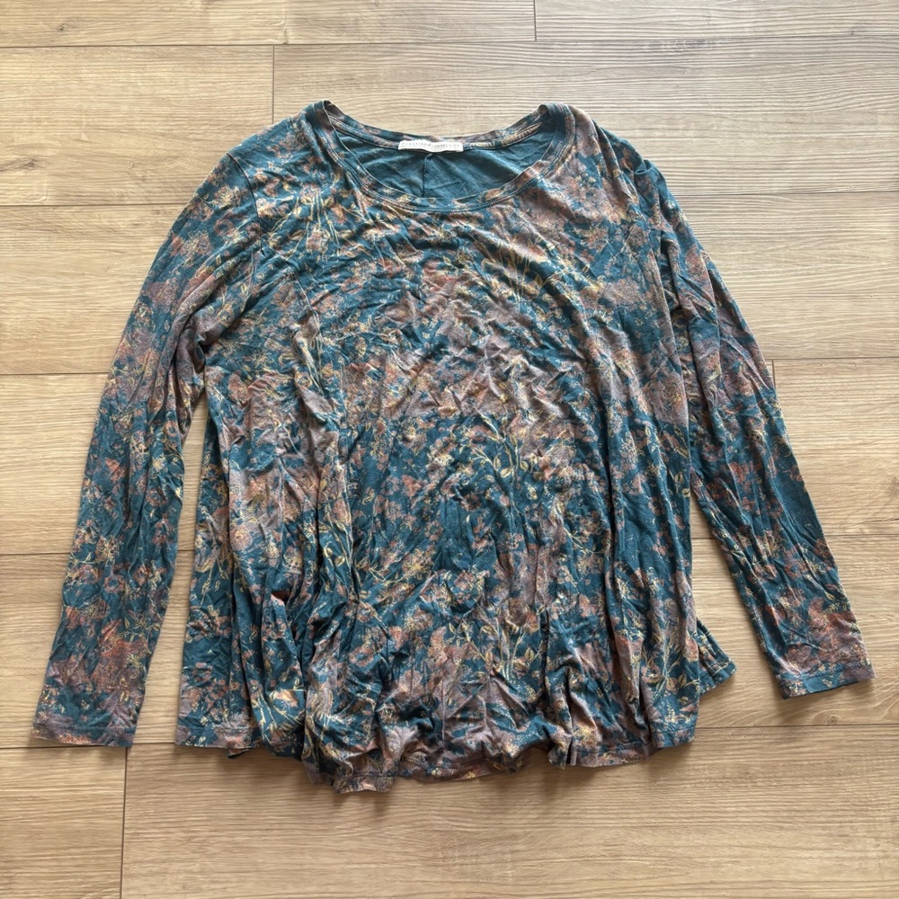 Peruvian Connection Swing Top Green Floral Boatneck Long Sleeve Stretch Size M/L